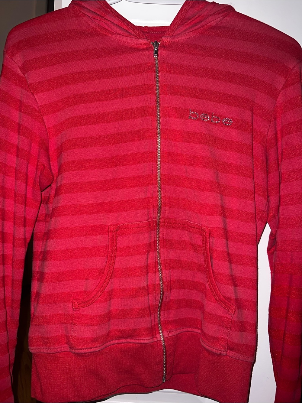bebe Red Striped Zip Hoodie with Rhinestone Logo